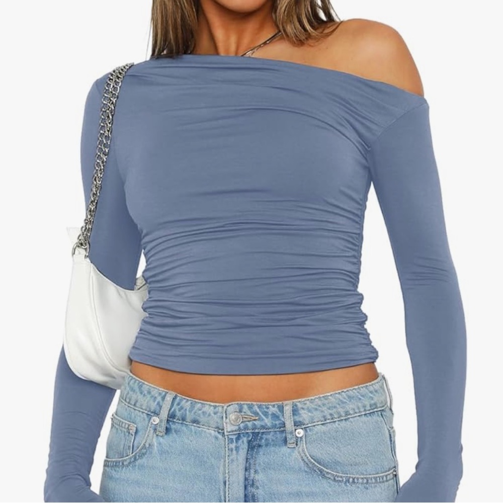 Blue Boat Neck Off the Shoulder Long Sleeved Tee